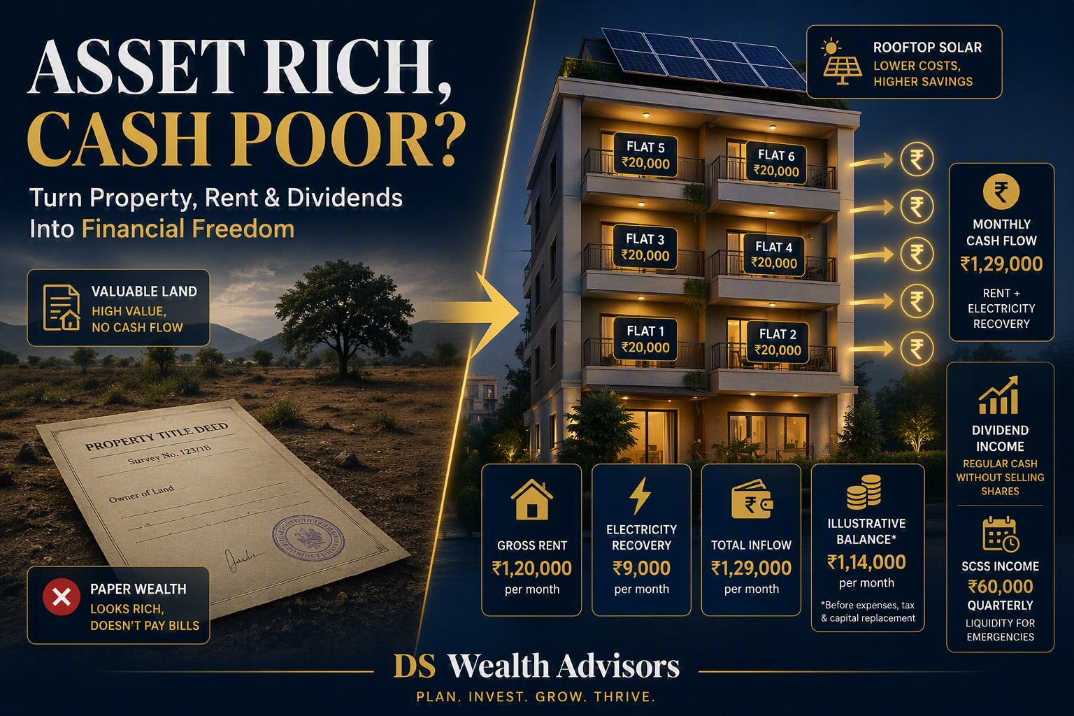 Asset-rich versus cash-poor comparison showing idle land and an income-producing rental building with rooftop solar, rent, SCSS and dividend cash flow.