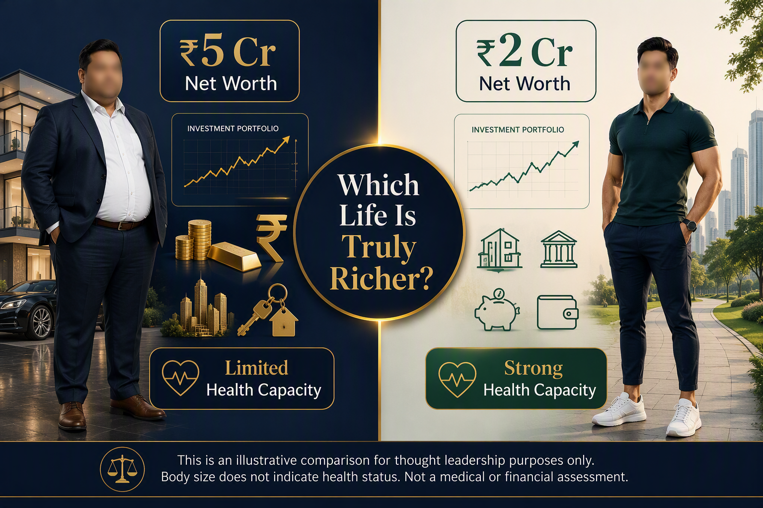 Illustrative comparison between a person with ₹5 crore net worth and limited health capacity and a fit person with ₹2 crore net worth and strong health capacity