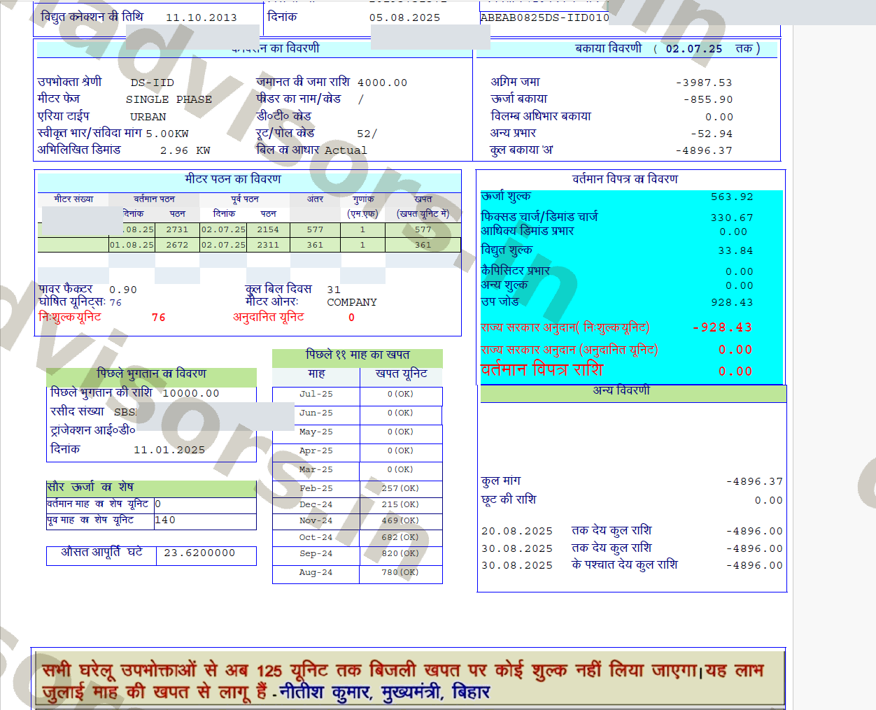 Aug 2025 SBPDCL bill showing zero current bill and wallet credit